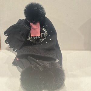 NWT Juicy Couture Black (3) piece Hat, Scarf and Gloves Set with Silver stencil.